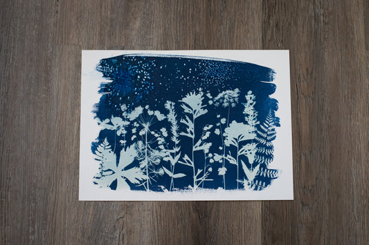 10" x 14"  Horizontal Wildflowers Cyanotype Print