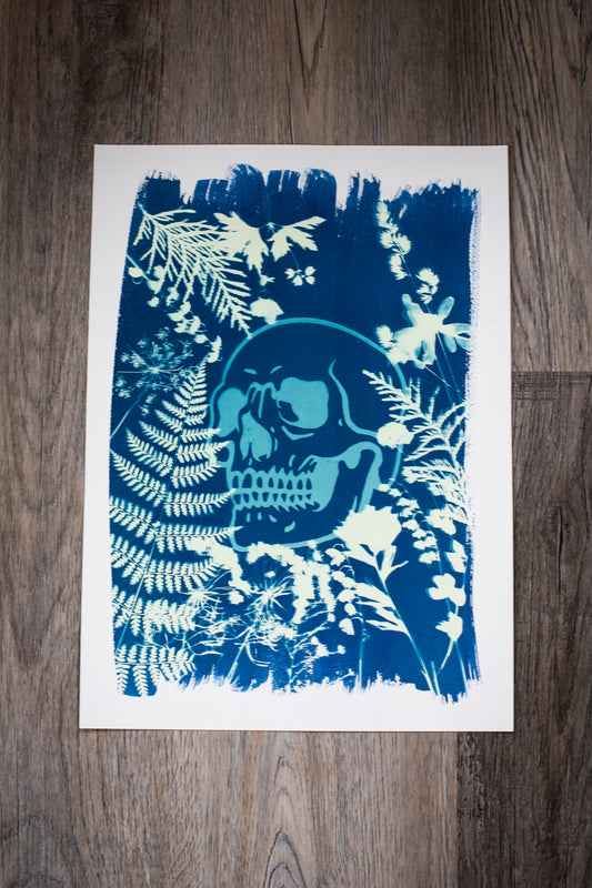 10” x 14” Floral Skull Cyanotype Print